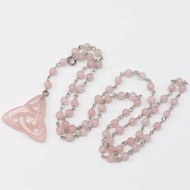 Pendentif Colliers Mode Naturel Rose Quartz Pierre Perles Rondes Ajouré Triangle Collier Charmes Bijoux Fabrication Accessoire En Gros 3 pcs