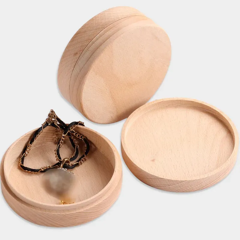 Beech Wood Jewelry Box Gift Wrap Small Round Storage Vintage Ring Boxes for Wedding Natural Wooden Jewelry Case Organizer Container