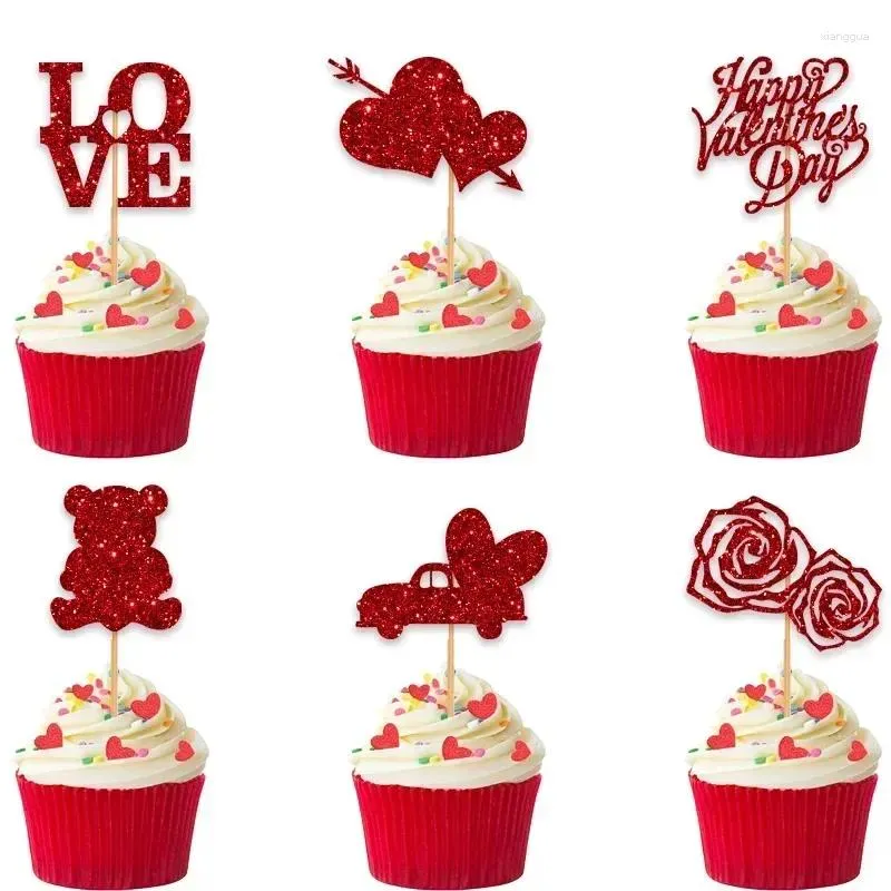 Feestartikelen Valentijnsdag Cupcake Toppers Pailletten Rode Roos Beer Liefde Hart Taart Happy Valentine Bruiloft Decoratie