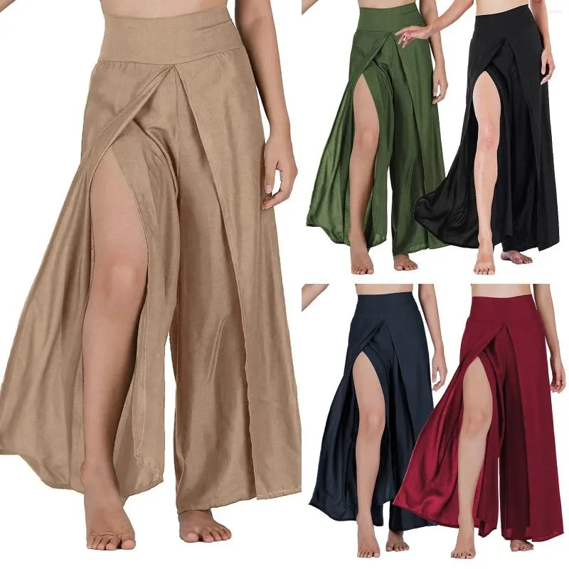 Women's Pants Women High Waisted Elastic Pleated Flare Palazzo Beach Pant Bell Bottom Trousers Split Wide Leg Pantalones De Mujer