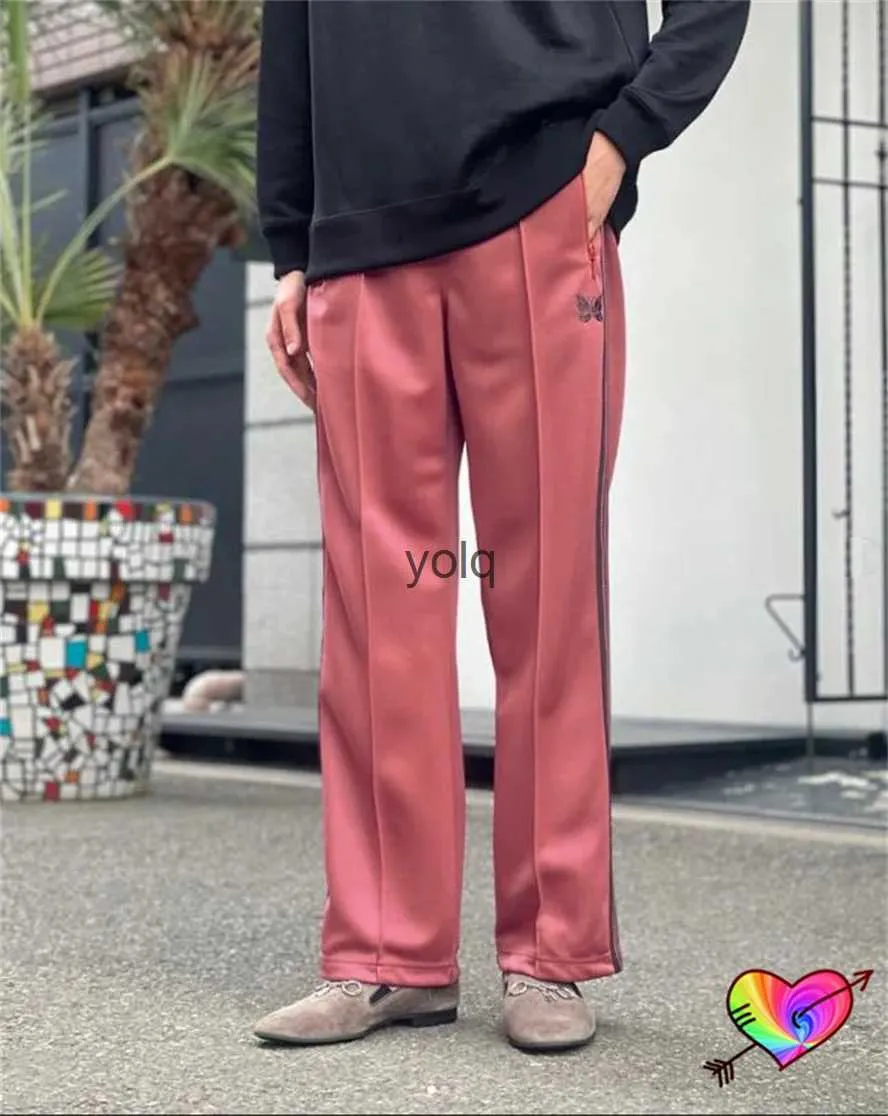 Men's Pants Dark Pink Poly Smoo Needles Tra Pants Men Women Bla Knit Stripes Needles Pants Embroidery Butterfly Series AWGE Sweatpantsyolq