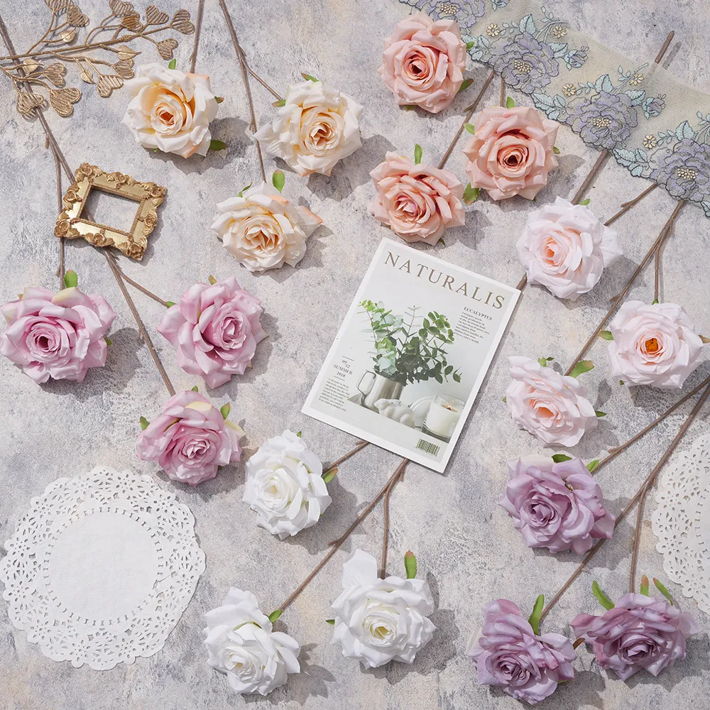 Simulation de fleur de mariage, Rose de jardin à trois têtes, Rose de montagne de neige, décoration de mariage, Arrangement de photographie XKL