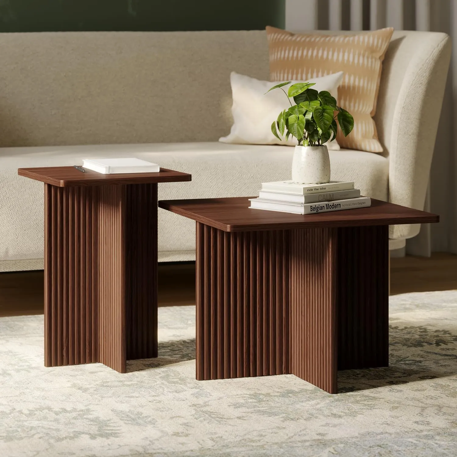 Modern Square Fluted Nesting Coffee Table Set - Low Profile 2 Piece Living Room Furniture with Solid Oak Base in Walnut Finish - Stylish Home Decor