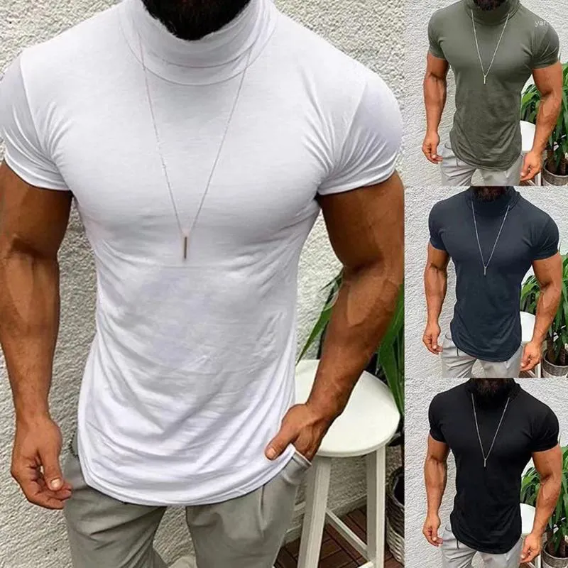 Herr t-skjortor 2024 Spring Mens Short Sleeve T-shirts Casual Solid Color Turtleneck Slim Shirt For Men Summer Fashion Basic Tops Tees