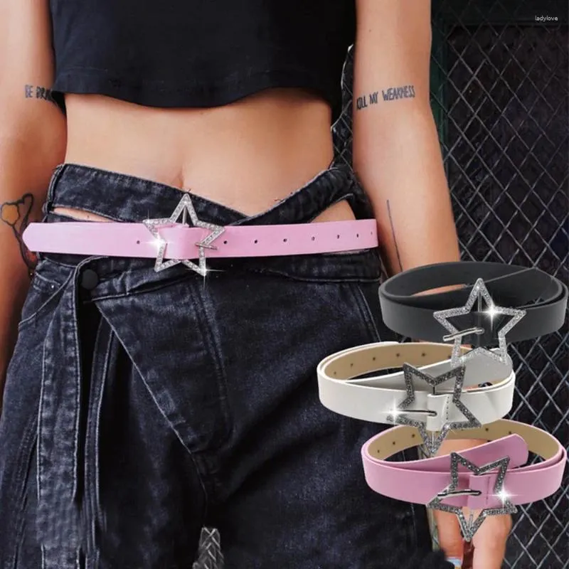 Belts Punk Black Pink PU Leather Y2K Cool Girl Metal Fashion Buckle Five-point Star Full Drill Waistband Versatile Accessories