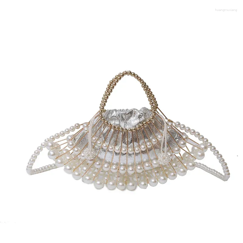 Evening Bags Pearl Hollow Tube Beaded Fan-shaped Women's Clutch Woven Bag Handbag Women Bolso Mujer Bolsa Feminina Bolsas Purses