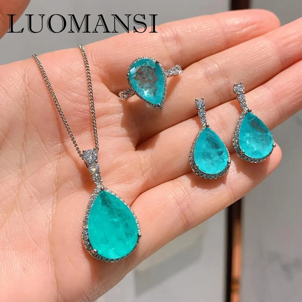 Setler Luomansi Luxury 925 STERLING Gümüş Paraiba Tourmaline Taş Küpe/Kolye/Kolye/Yüzük Düğün Takı Setleri Toptan