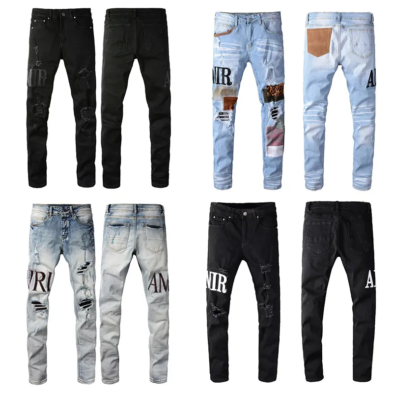 Amirs jeans designer mens lila märke high street hole stjärna lapp män kvinnor amirs stjärna broderi panel byxor stretch slimfit byxor