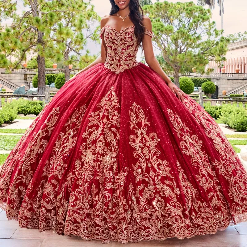 Robe De Quinceanera rouge scintillante, épaules dénudées, Appliques dorées en dentelle, perles, robe De bal, cristaux scintillants, robes De 15 ans