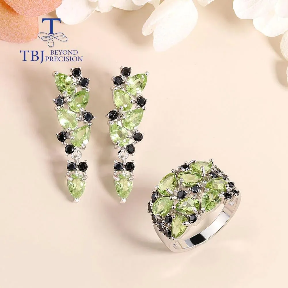 Sets Fashion Peridot Jewelry set natural Gemstone Earring Ring 925 steling siver fine jewelry for women nice gift