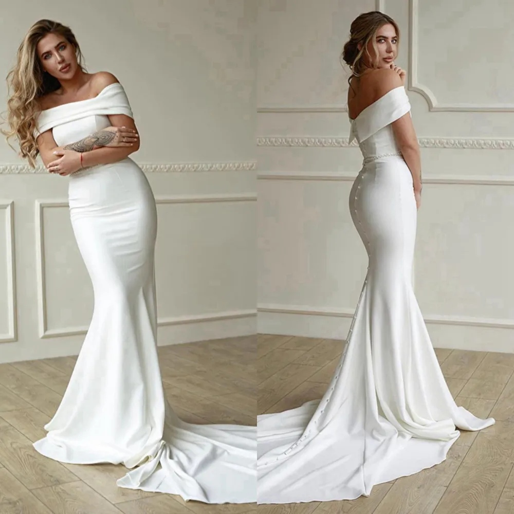 Off Shoulder Mermaid Wedding Dress for Bride Sleeveless Ivory Bridal Gowns for Black Women Girls Elastic Satin Marriage Dress Simple Style Beach Wedding Gowns D053