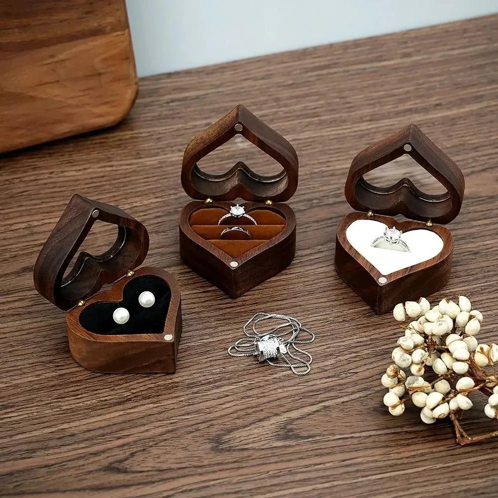 Exibição em forma de coração caixa de jóias de madeira proposta caso de presente de jóias exibição de casamento organizador de armazenamento de jóias brinco anel colar caixa