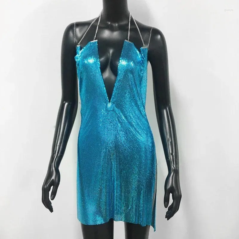 Vestidos de festa sexy azul chainmail vestido corrente detalhe profundo decote em v split hem sem costas metálico halter deslizamento