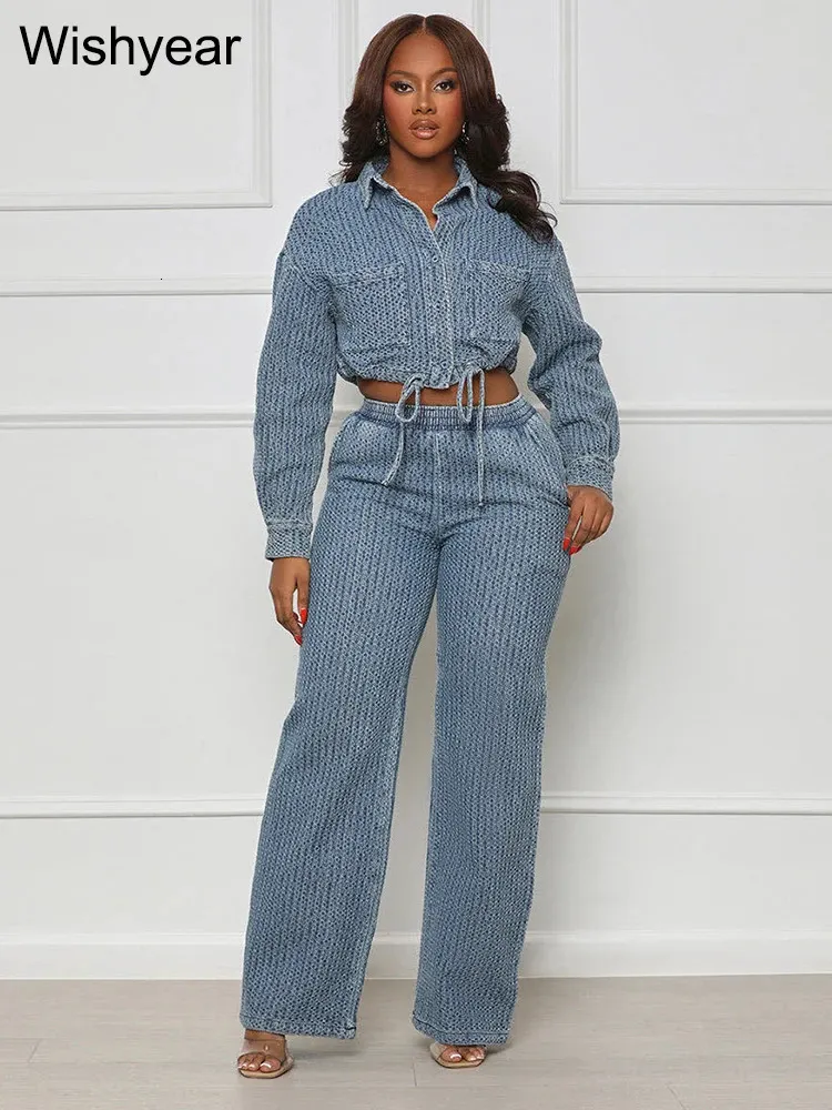 Elegante denim due pezzi set donna manica lunga bottoni coulisse giacche crop top pantaloni larghi jeans abiti streetwear outfit 240110