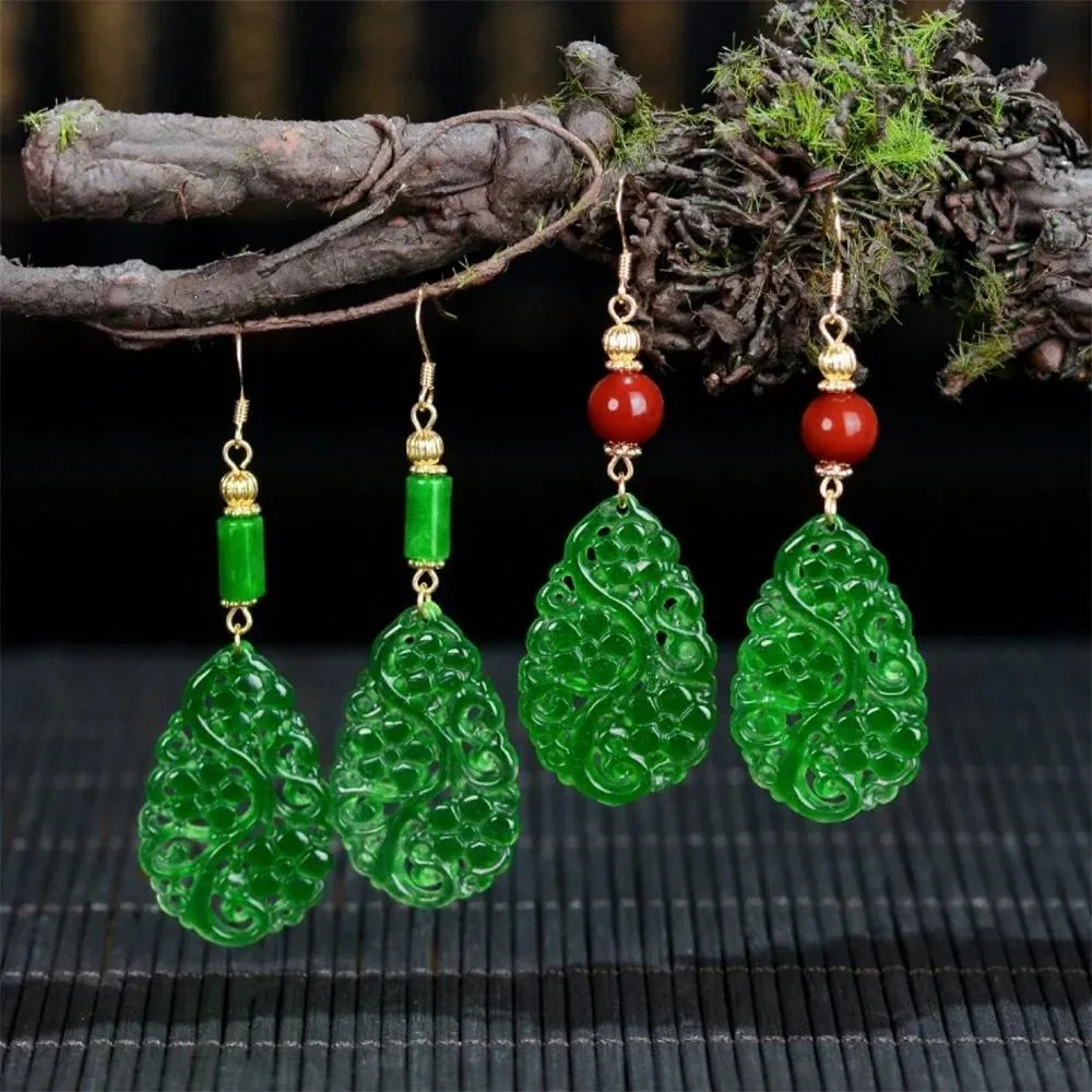 Orecchini con vene di foglie di giada verde retrò, stile a goccia grande, orecchini pendenti, orecchini con gemma antica cinese vintage, per regalo di gioielli da donna