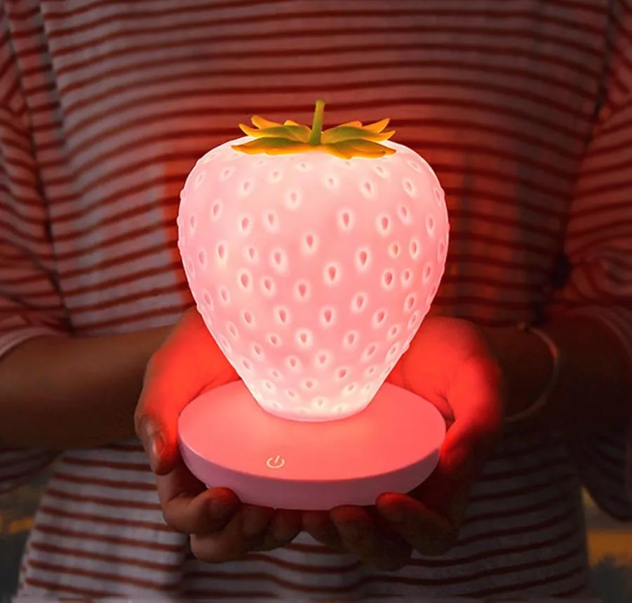 BRELONG LED night light creative strawberry USB charging bedside decorative eye table lamp White Pink Red4561733