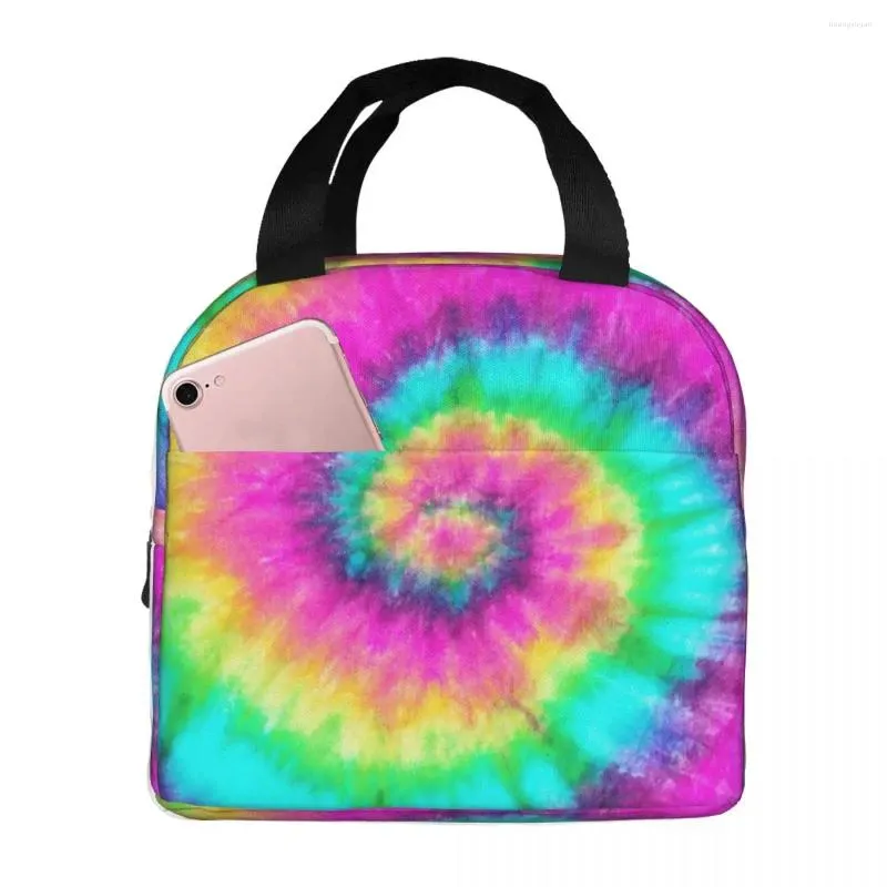 Louça Orquídea Colorida Tie Dye Lancheira Isolada com Compartimentos Reutilizável Tote Handle Portátil para Crianças Piquenique Escola