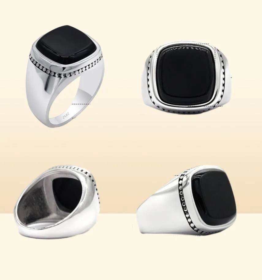 925 Sterling Silver Black Signet Ring For Men Square Agate Aqeeq Rings Turkish Men039s Fashion Jewelry Wedding Anniversary Gift4244923