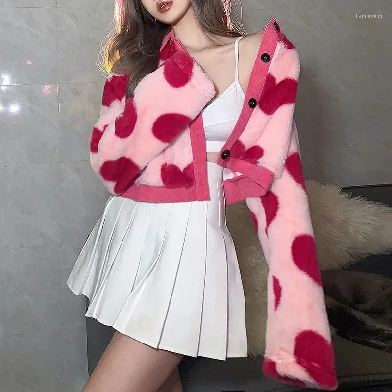 Women's Jackets CINESSD Pink Plush Jacket 2024 Spring Contrast Color Loose Fashion Love Lapel Long Sleeve Coat Harajuku WS1155