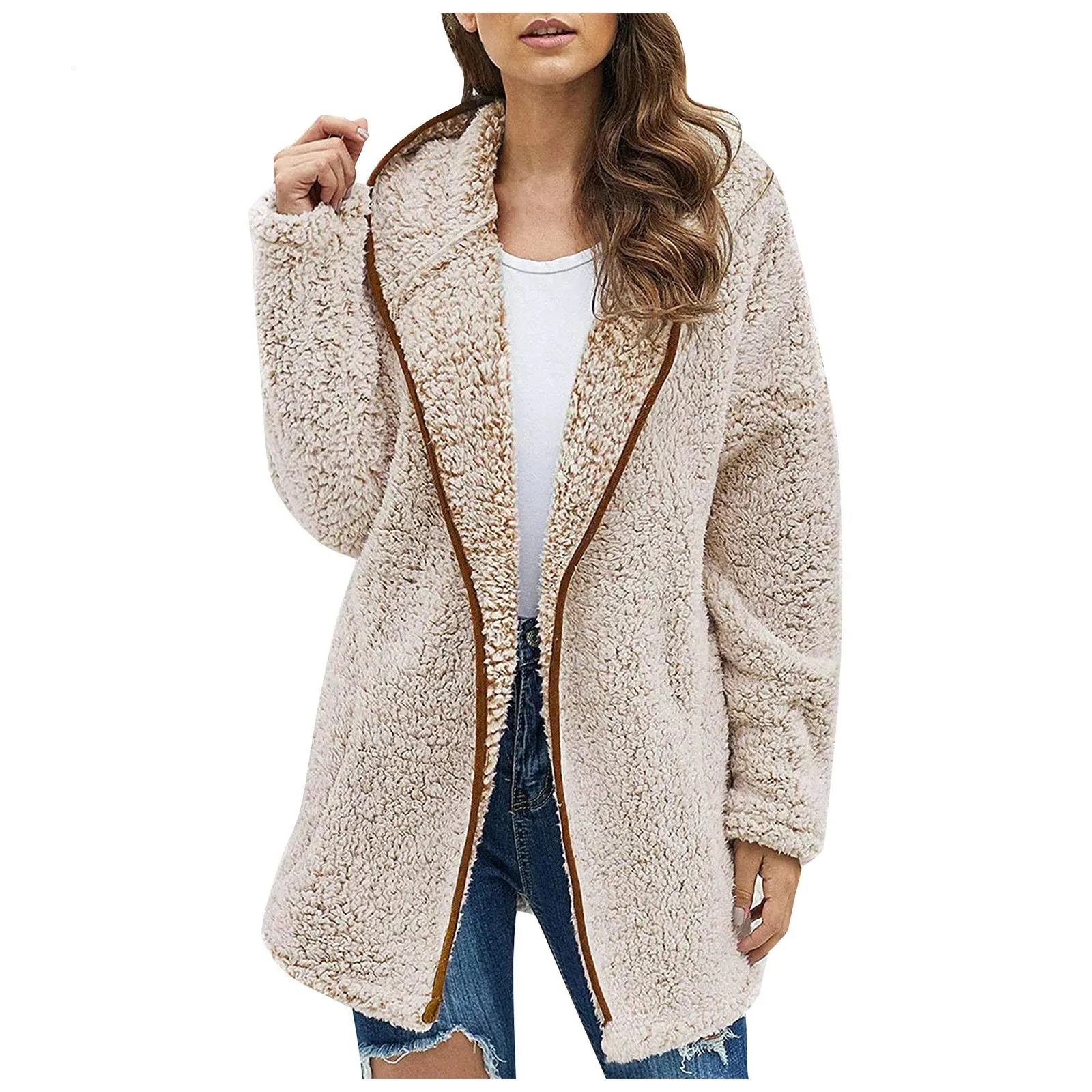 Frauen Herbst Winter Fleece Jacken Übergroße Langarm Offene Vorderseite Mit Kapuze Sherpa Strickjacke Warm Fuzzy Mantel Outwear 240110