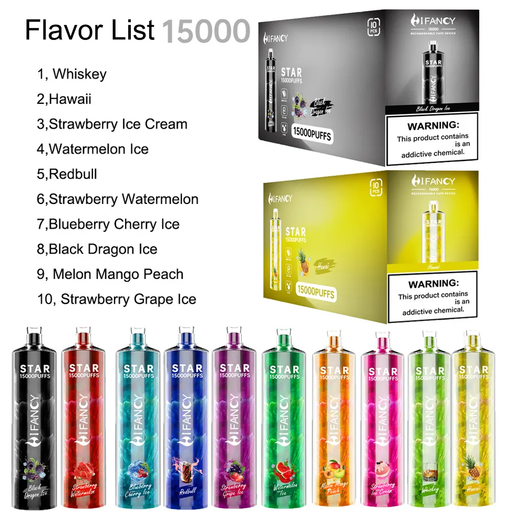 Original Hifancy Crystal Star Puff 15000 Cigarettes électroniques jetables Vape 0.6ohm Bobine de maille 24 ml Pod Batterie Rechargeable Électronique Cigs Puff 10K Vaper Dispositif