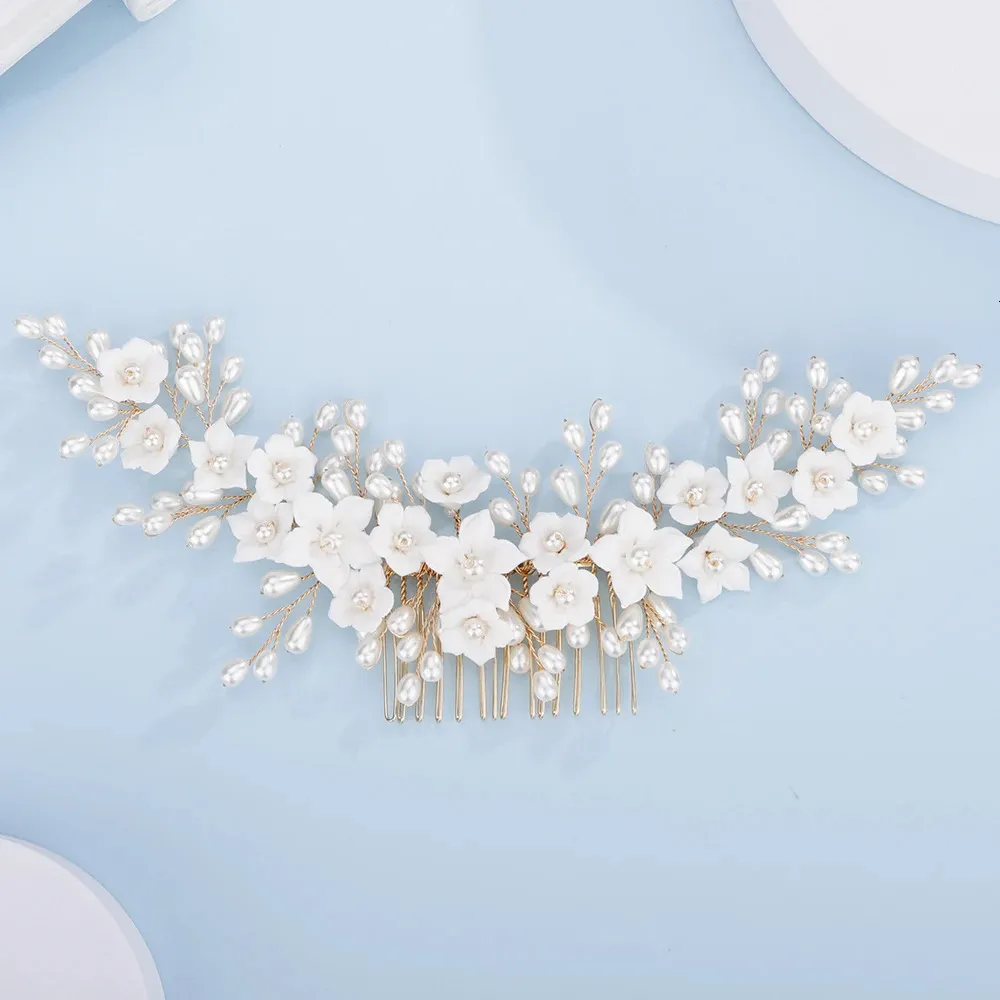Gold Pearl Flower Wedding Headpiece Handmade Party Bridal Hair Comband for Women Wridsmaid Hair Association Tiara 240110