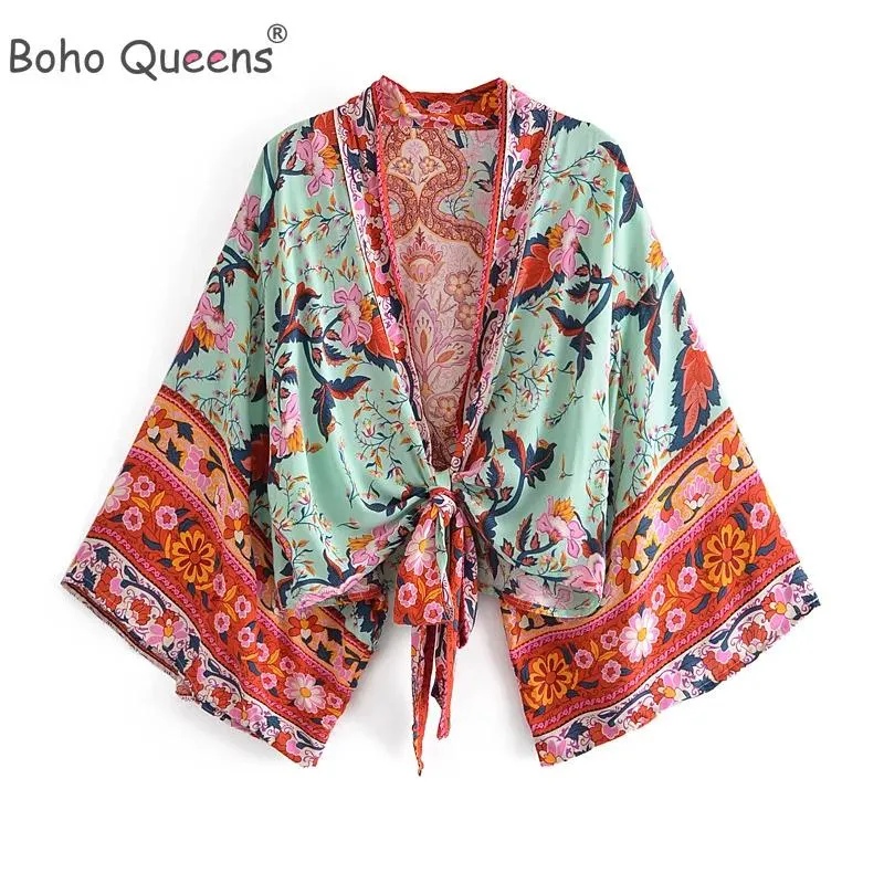 Set Boho Queens Floral Print Sashes Short Kimono Women New Fashion V Neck Batwing SemeVes Ladies Beach Bikini Coverups