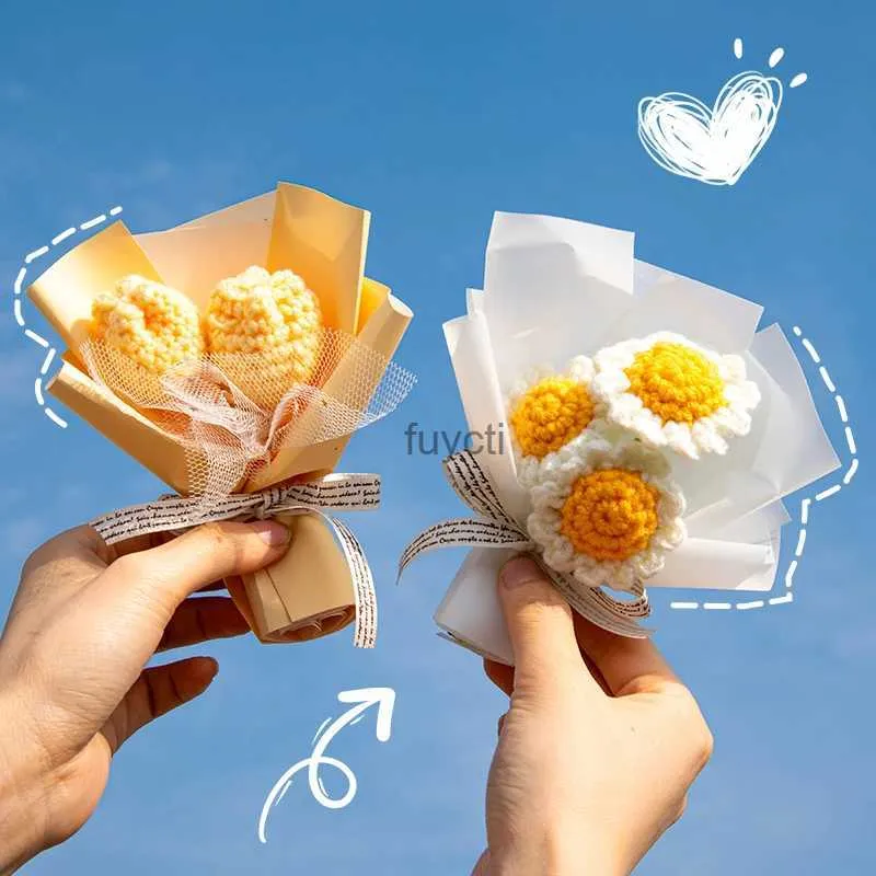 Other Arts and Crafts Mini Crochet Flower Finished Bouquet Tulip Puff Flower Bouquet Knitted Flowers Woven Wedding Guests Gift San Valentin Day Gift YQ240111