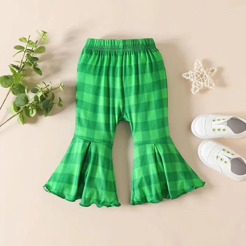 Conjuntos de roupas Baby Girl Outfit Manga Longa Letras Shamrock Imprimir Romper com Calças Flare Xadrez e Headband Roupas de Férias Conjunto