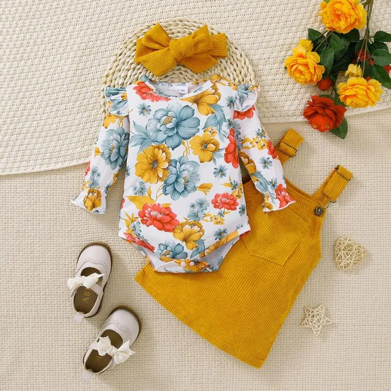 Clothing Sets 3Pcs Born Girls Winter Clothes Long Sleeve Flower Print Romper Suspender Skirt Headband 3Piece Outfits 3 6 12 24M