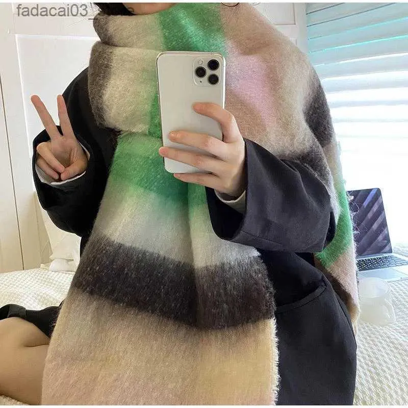Scarves Rainbow Plaid Plush Scarf Women Thickened Warm Autumn-Winter Cashmere Fringed Mohair Shawl Windproof Cold-proof Neckerchief Q240111