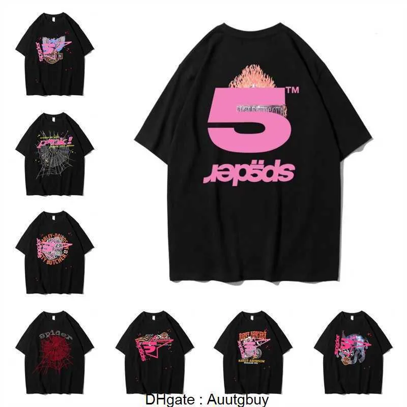 Uomo Donna Migliore qualità Schiuma Stampa Spider Web Modello T-shirt Moda Top Tees Rosa Young Thug Sp5der 555555 T Shirt J9KQ