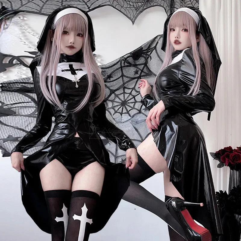 Nun Uniform Women Halloween Adult Cosplay Costume Cross Dark Sexy Gothic Party Rave Clothes 240110