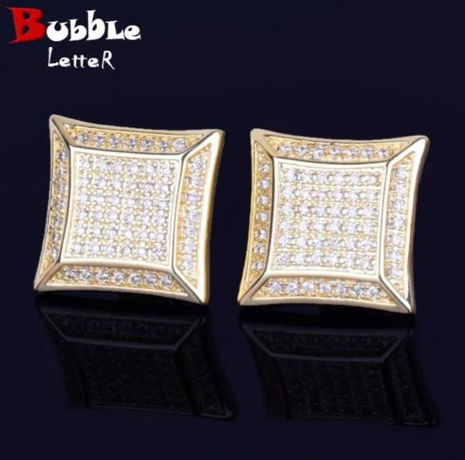 15mm Big Square Earring Men Stud Gold Color Full Cubic Zircon Screw Back Hip Hop Jewelry83615164108185