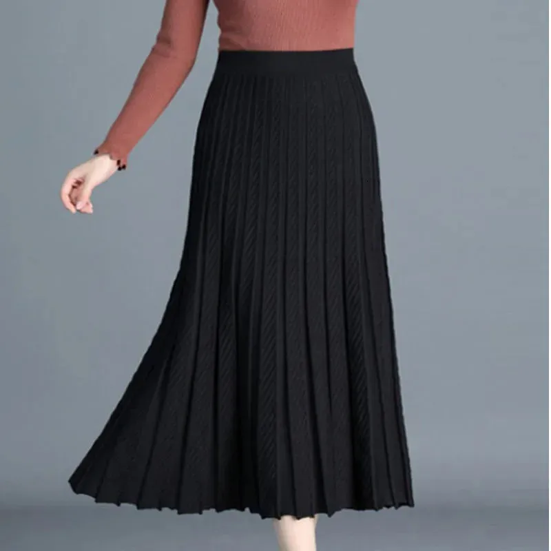 Femmes jupe tricoté jupe Midi a-ligne taille haute Simple élégant jupe de fête noir rouge printemps automne hiver faldas femme jupes 240111
