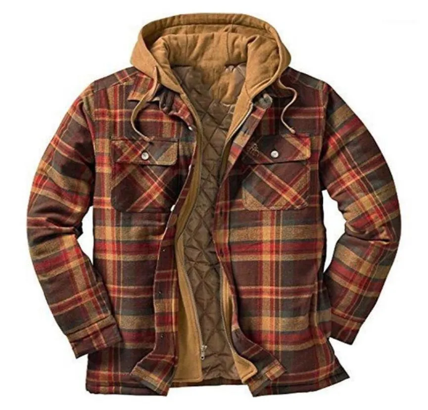 Mens Quilted Flannel Hoodie Jacket Thick Plaid Lined Full Zip