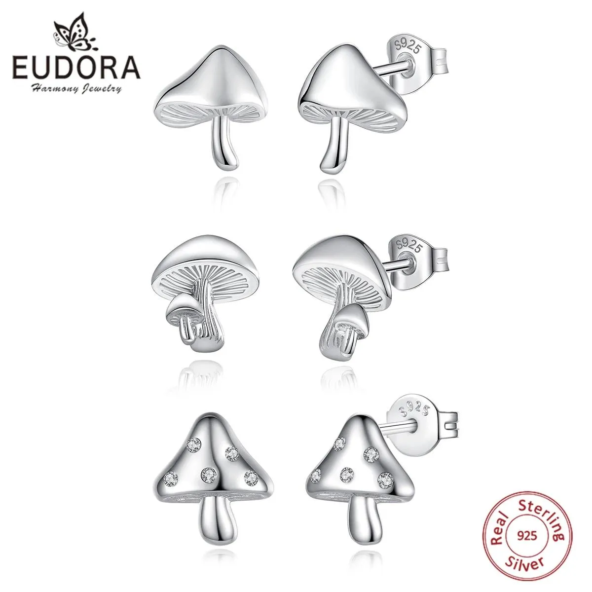 Örhängen Eudora Real 925 Sterling Silver Dainty Mushroom Stud Earring For Women Girls Simple Fungus CZ Earring Fine Trendy Jewelry 2022