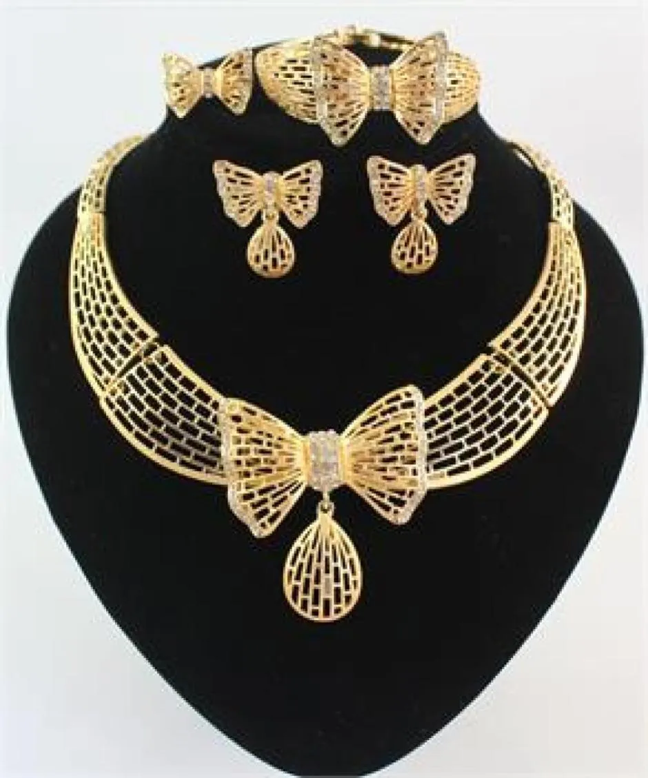 High Quality 18K Gold Plated Crystal Butterfly African Jewelry Necklace Bracelet Ring Earring Wedding Bridal Jewelry Sets3116772