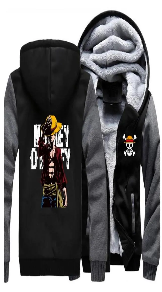 Men039s Hoodies Sweatshirts Tek Parça Ceketler Erkekler Luffy Japonya Anime Sweatshirt Kış Kalın Fermuarı Polar Korsan Kral CoA8240333