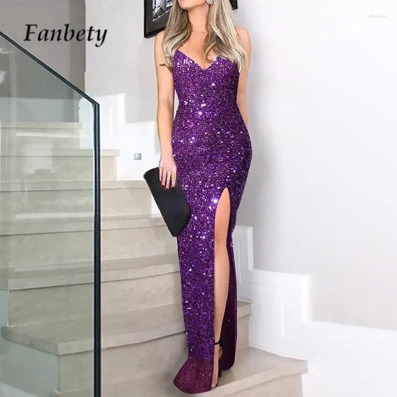 Casual Dresses Women V Neck Sleeveless Slim Dress Sexy Sequins Off Shoulder Tube Top Maxi Female Solid Color Backless Split Party