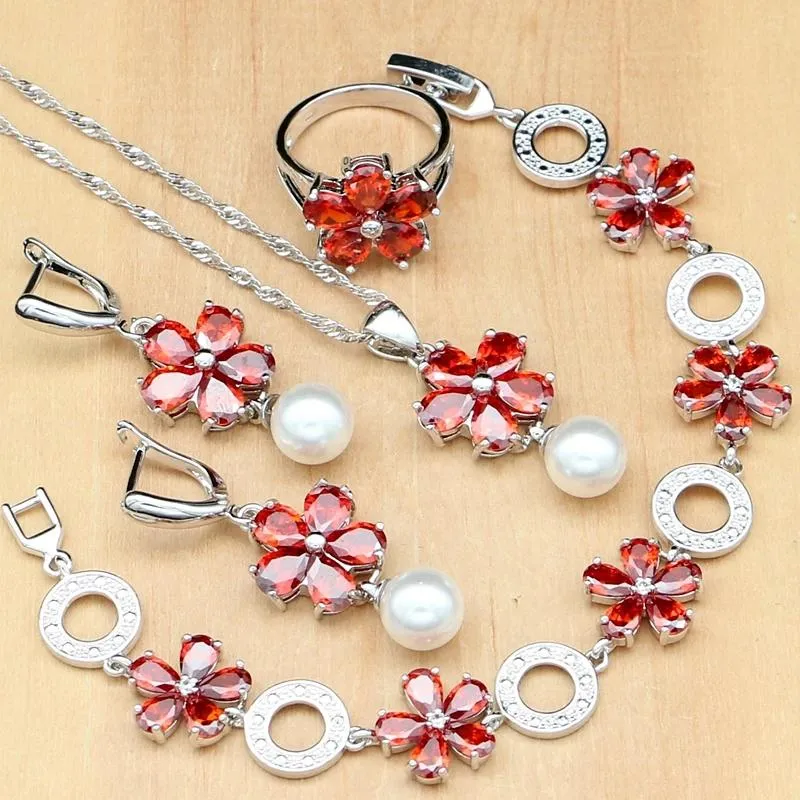 Armbänder Sier Schmuck-Sets, roter Zirkonia, weiße Perlen, Kostüm für Damen, Hochzeit, Ohrringe/Anhänger/Halskette/Ring/Armband