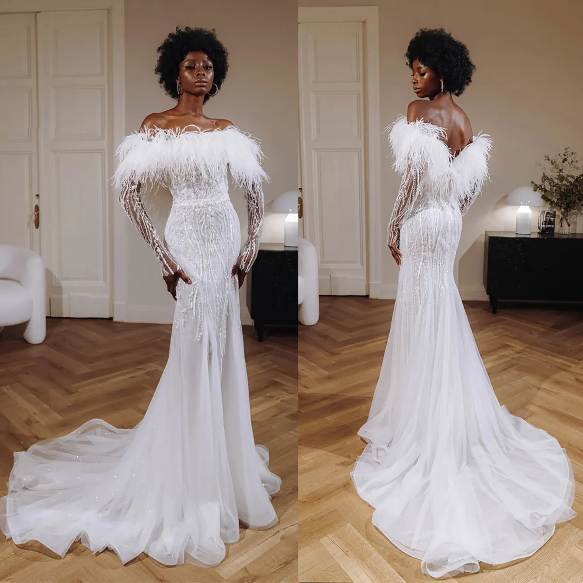 Mermaid Style Bridal Dresses: Exquisite Off Shoulder Sequined Feather ...