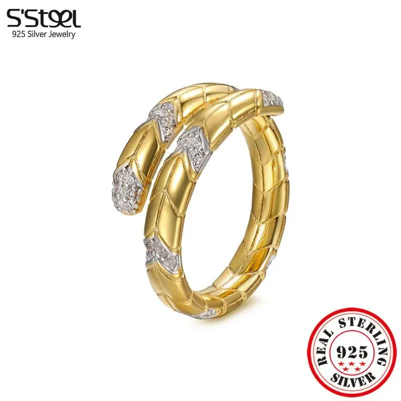 Ringe S'STEEL 925 Sterling Silber Schlangenförmiger Zirkon Größenverstellbare Ringe Für Frauen Gothic Gold Neu Zubehör Vintage Edlen Schmuck