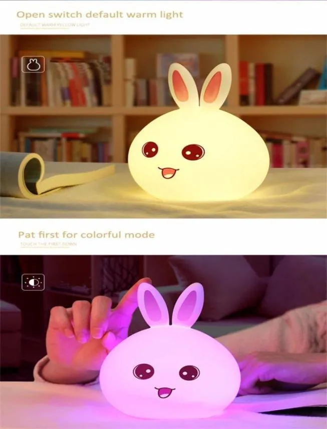 New style Rabbit LED Night Light For Children Baby Kids Bedside Lamp Multicolor Silicone Touch Sensor Tap Control Nightlight4072695