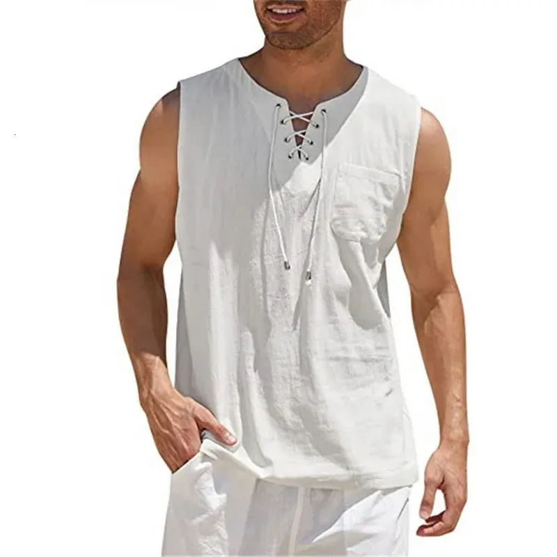 Mode hommes Summe débardeurs coton lin décontracté sans manches lâche à lacets col en v poche t-shirts chemises mâle Streetwear 240111
