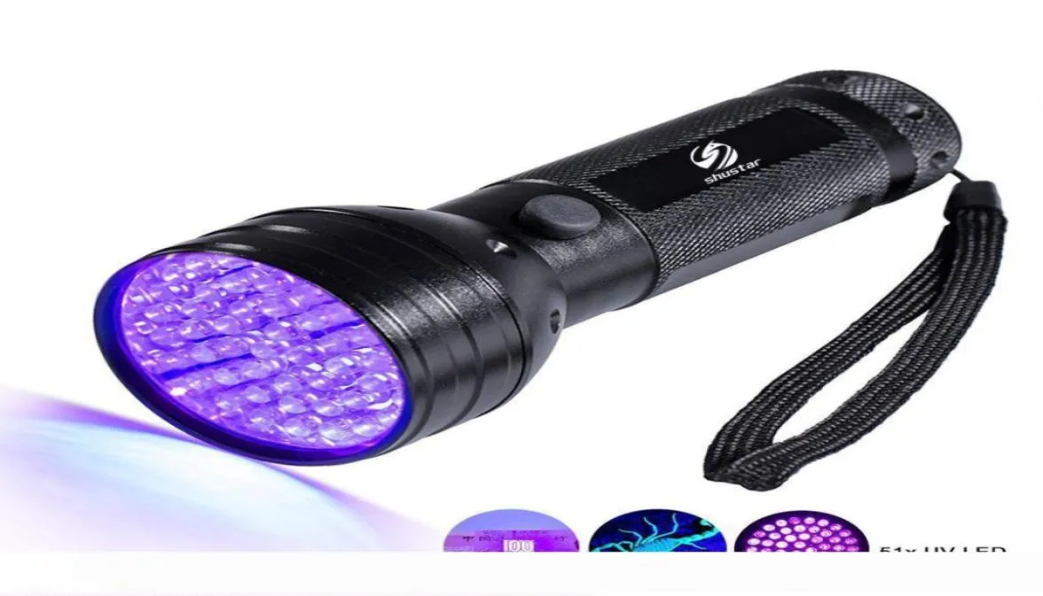 Torcia a LED UV 51 LED 395nm Torcia a raggi ultravioletti Lampada a luce nera Rilevatore di urina di cane Macchie di animali domestici e cimici dei letti5349055