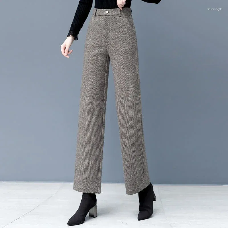 Pantalones de mujer Otoño Invierno Oficina lana pierna ancha mujer Casual cintura alta espesar mezcla de lana cálido recto OL pantalones de chándal W54