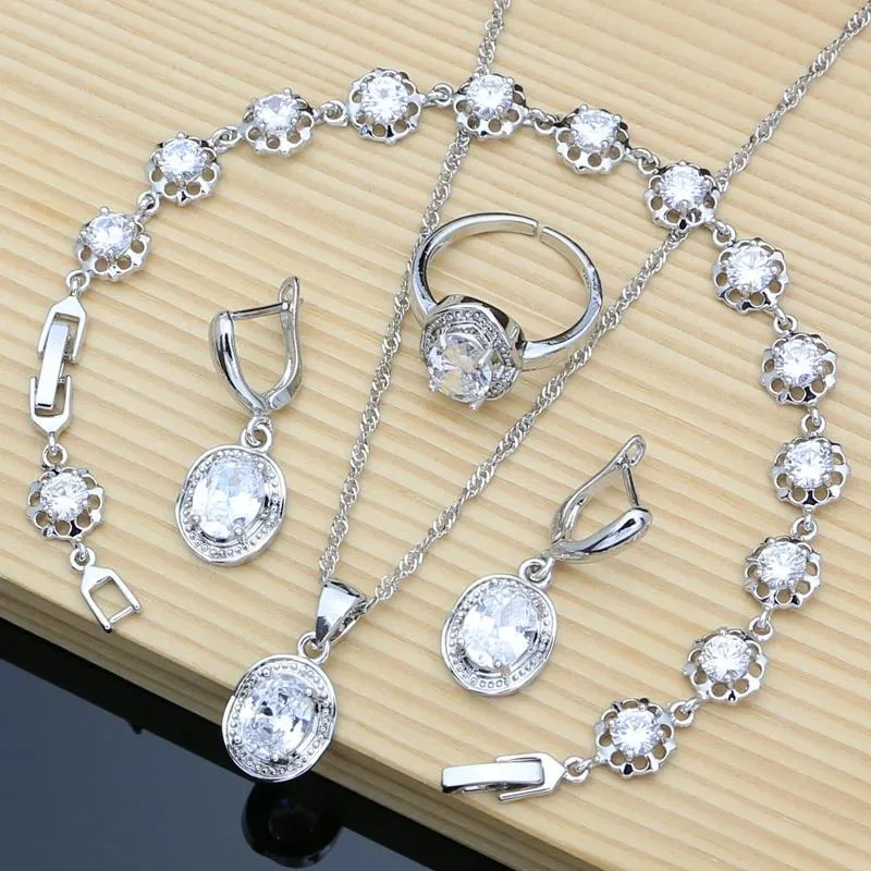 Set di gioielli in argento 925 da sposa Set di orecchini con pietra preziosa di topazio bianco per le donne Bracciale con anello ridimensionabile Collana all'ingrosso