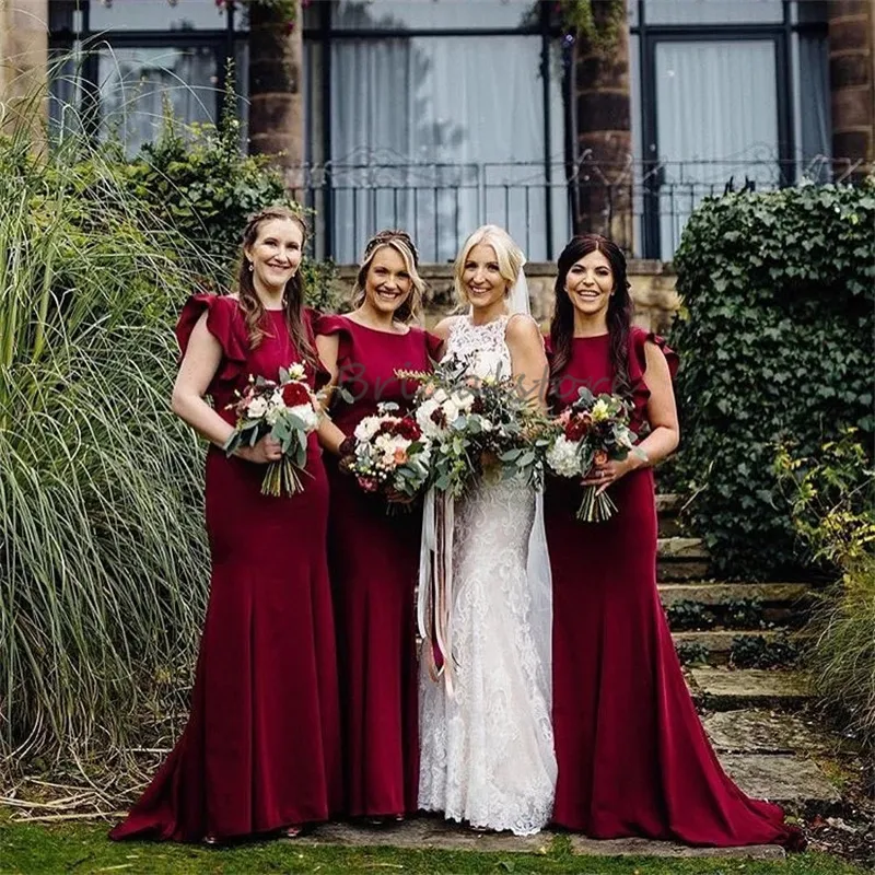 Burgundy Pink dusty Pink bridesmaid with Flounce Sleeves and Satin Backless Design - Perfect for Weddings, Proms, and Beach Parties in 2024