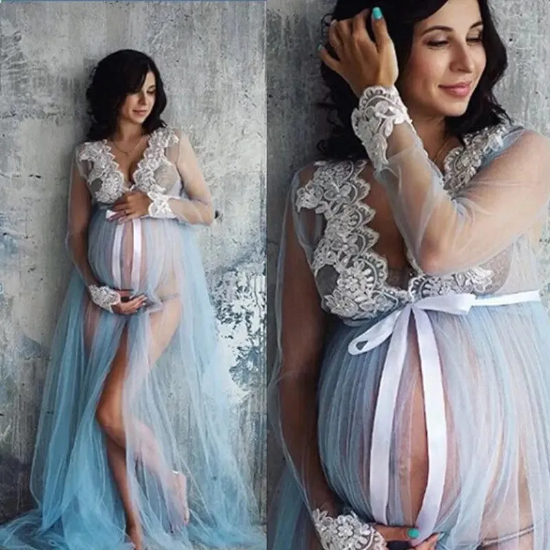 Photo prise de vêtements pour femmes enceintes, manches longues, décoration en dentelle, maille transparente, style fendu, robe de maternité 240111